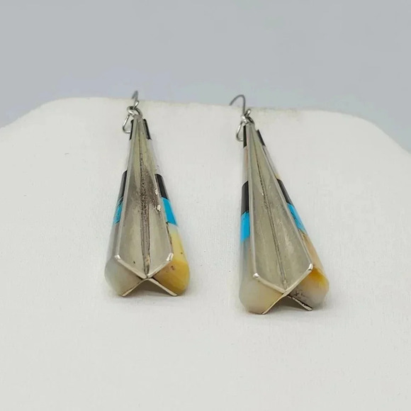 Zuni Sterling Silver Inlay Cone Shaped Dangle Earrings With Turquoise Onyx Shell - Picture 4 of 6